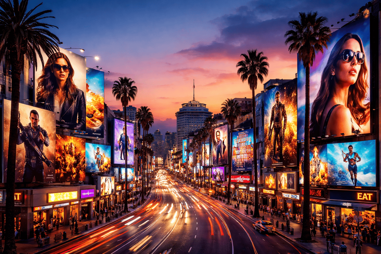 A vibrant Los Angeles city street at sunset, lined with tall palm trees and illuminated by colorful outdoor posters featuring movie scenes. Cars create bright light trails as the sky glows orange and purple, highlighting an energetic urban scene.