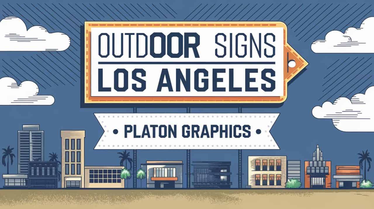 Illustration of Los Angeles city buildings and palm trees under a blue sky with clouds. A large retro-style sign reads “OUTDOOR SIGNS LOS ANGELES.” Below, a banner says “PLATON GRAPHICS.” The design has a vintage postcard feel. 