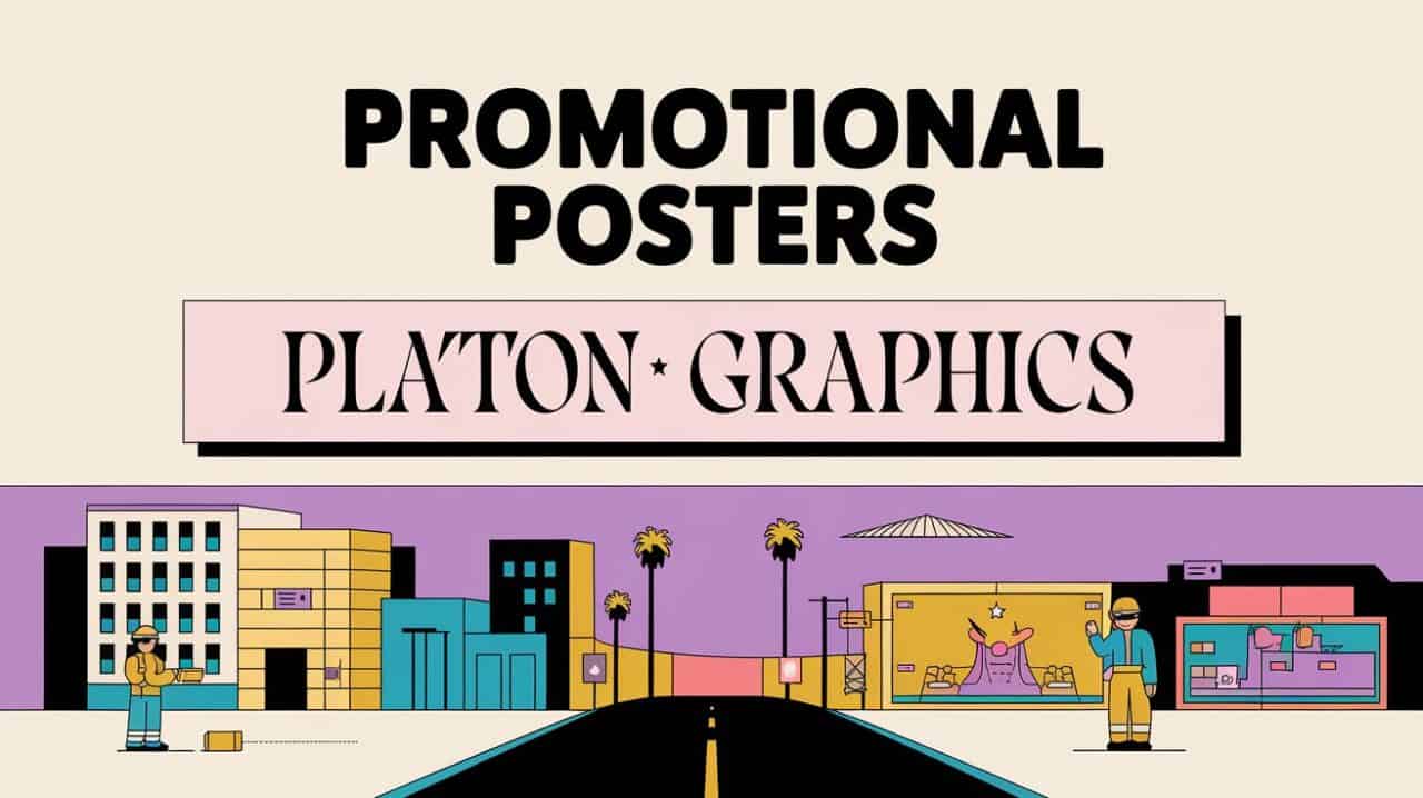 Illustration of a Los Angeles city street with palm trees, buildings, and two people. Above, large bold text reads “PROMOTIONAL POSTERS.” Below, a pink banner says “PLATON GRAPHICS.” Purples, yellows, and blues fill the scene. 