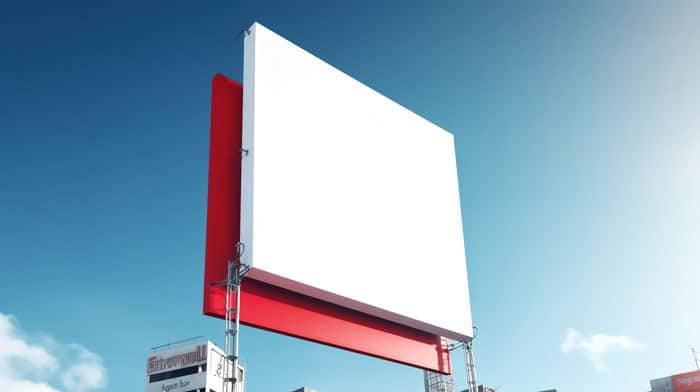 A large, blank white billboard stands elevated on metal supports against a clear Los Angeles sky. There is a red vertical panel behind the billboard, with partial signage and rooftops hinting at future promotional posters below.