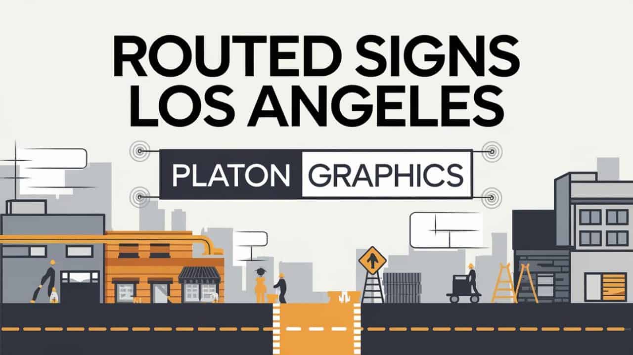 Stylized cityscape with people, buildings, and signs highlights Routed Signs in Los Angeles. Large text reads “Routed Signs Los Angeles.” Orange and gray tones with street and construction details frame the PLATON GRAPHICS dark box below. 