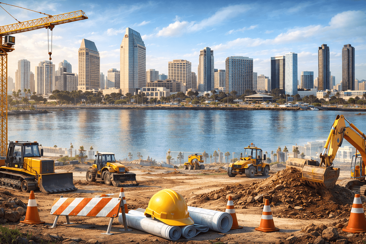 A construction site by the San Diego waterfront features yellow machinery, rolled blueprints, a hard hat, and orange safety cones. The city skyline with modern buildings and a clear sky reflects in calm water—perfect for showcasing CA Construction Banners.