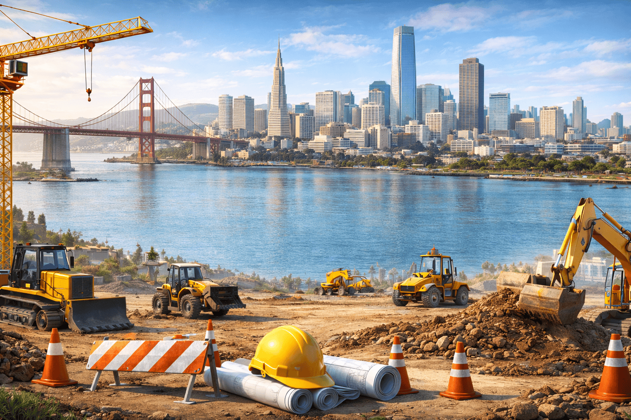A construction site with bulldozers, excavators, orange cones, and a yellow hard hat in the foreground overlooks the San Francisco skyline and Golden Gate Bridge, highlighting our service areas. Blueprints and cranes are also visible on this clear, sunny day.