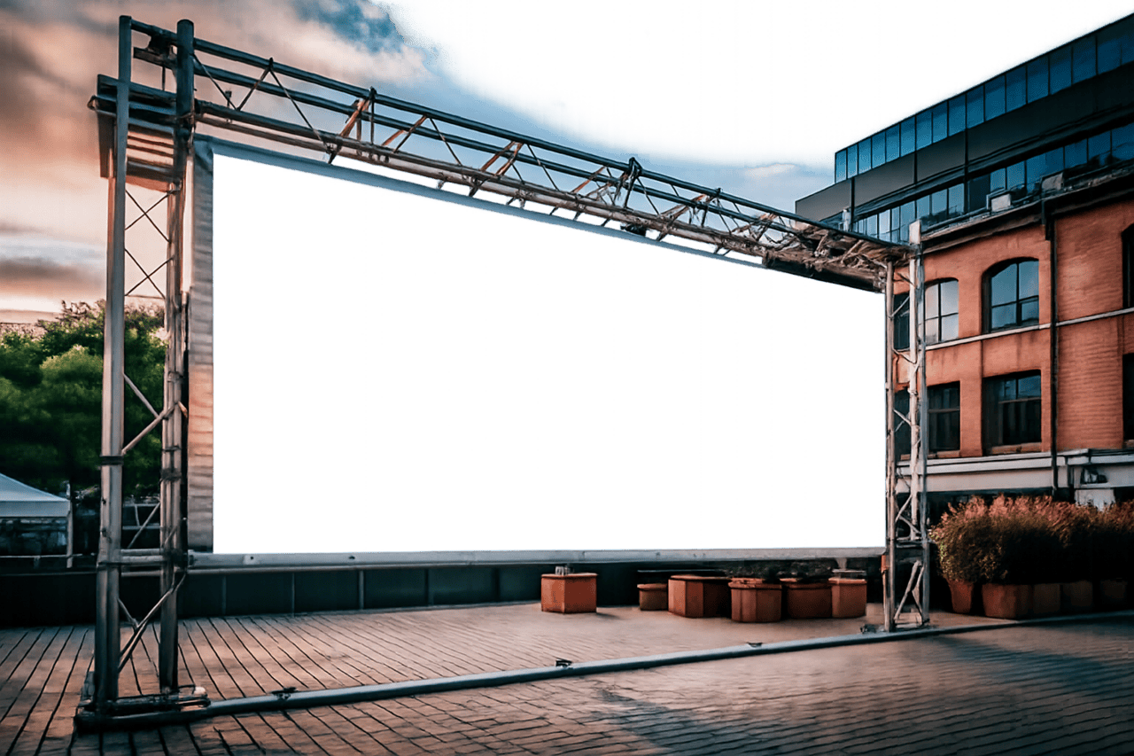 A large outdoor movie screen on a metal frame stands in a modern Los Angeles plaza at dusk. The blank, brightly lit screen is framed by sponsor banners, while wooden benches and potted plants face it amid glass and brick buildings glowing at sunset.