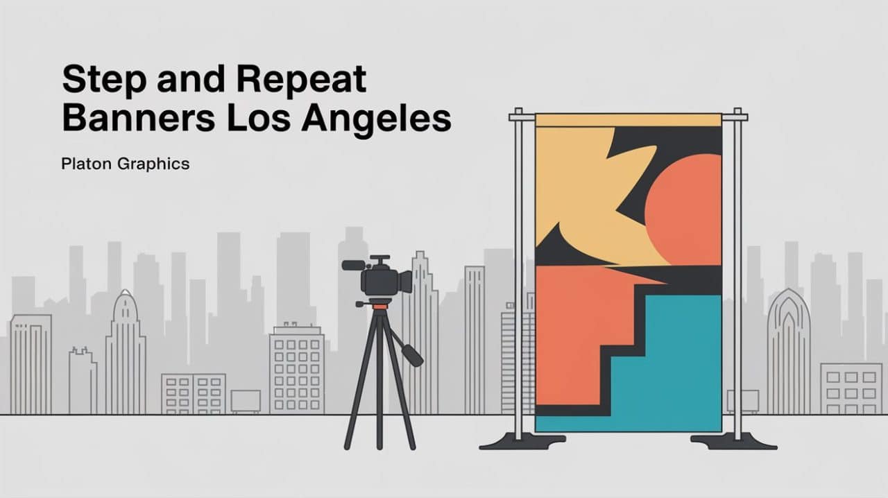 A camera on a tripod faces a vibrant Step and Repeat Banner with abstract shapes, set against a faint Los Angeles skyline. Text on the left reads, “Step and Repeat Banners Los Angeles. Platon Graphics.”. 