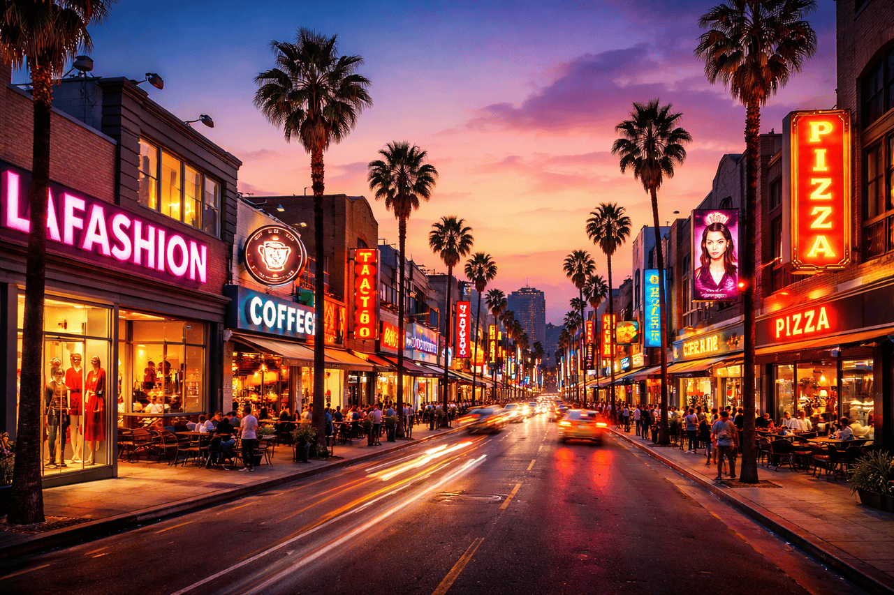 A vibrant Los Angeles city street at sunset, lined with palm trees and colorful storefront signs for fashion, coffee, taco, and pizza shops. People dine at outdoor tables as cars drive by under a pink and purple sky, creating a lively urban atmosphere.