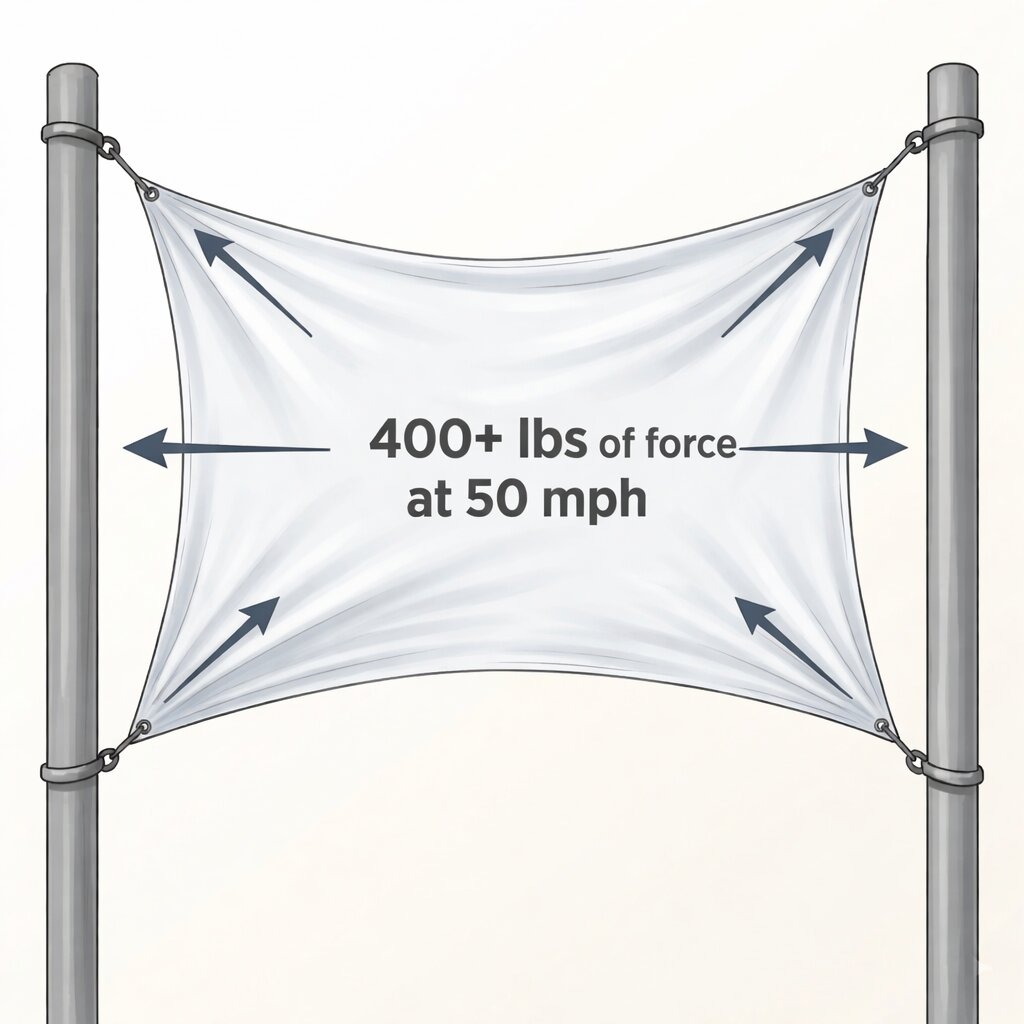 Diagram illustrating high wind force (over 400 lbs) creating a 'sail effect' on a solid vinyl banner.