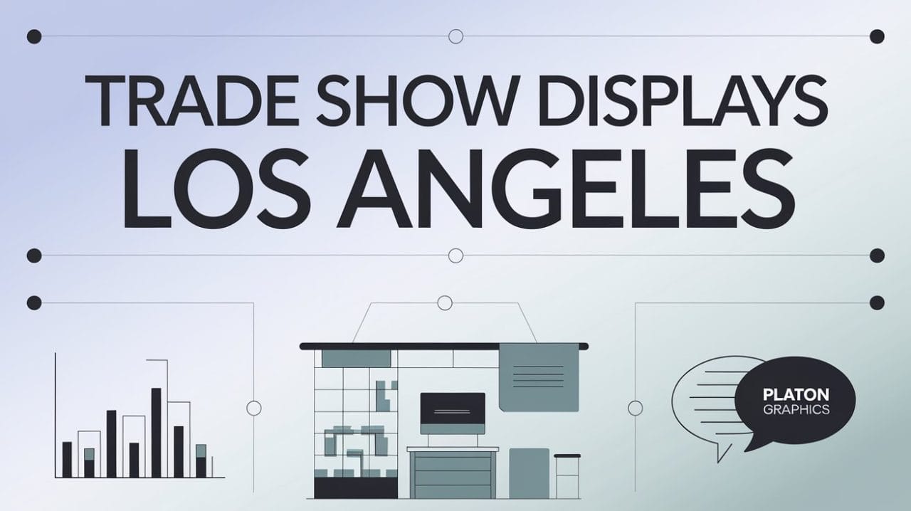 Large bold text reads “Trade Show Displays Los Angeles” on a gradient background. Below, an illustrated trade show booth highlights how Los Angeles Trade Show Displays can elevate your brand, with a bar graph and speech bubble featuring 