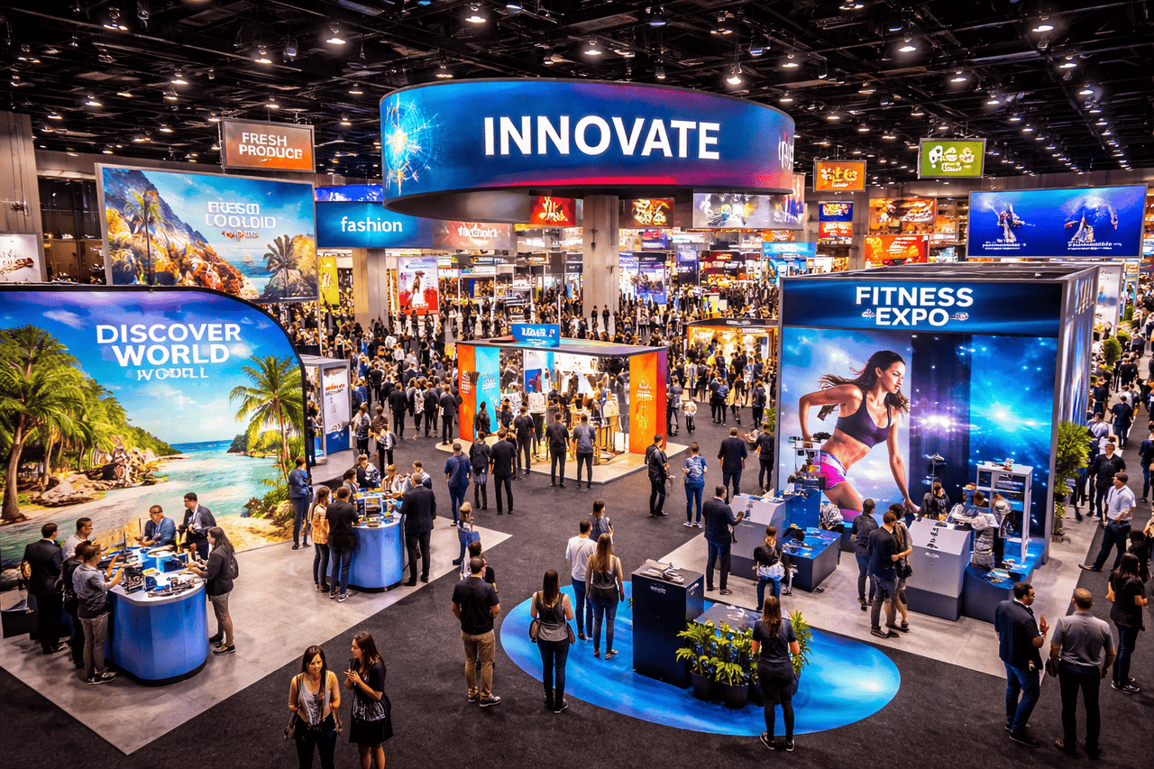 A vibrant, crowded expo hall in Los Angeles buzzes with energy. Large, colorful Trade Show Displays and central banners reading “INNOVATE,” “DISCOVER WORLD,” and “FITNESS EXPO” draw people to explore technology beneath bright lights and tropical digital backdrops.