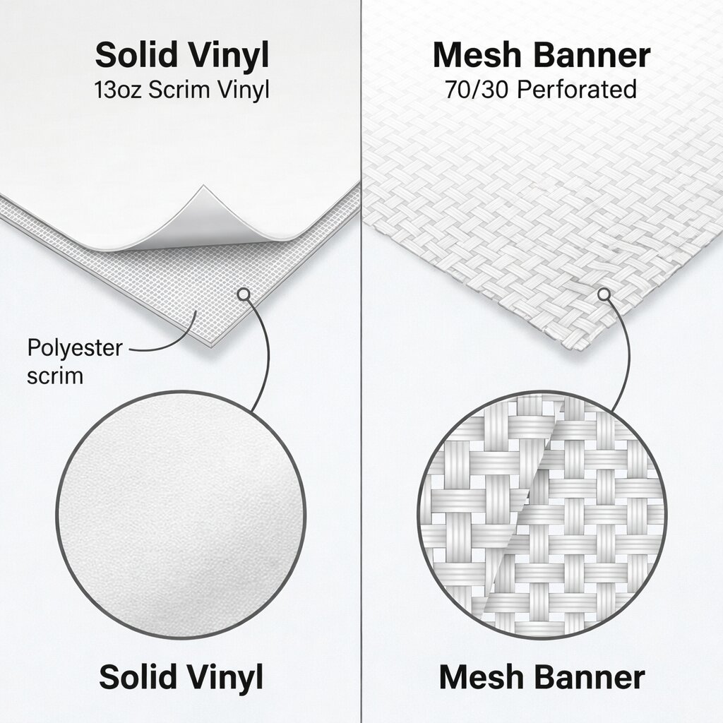 Comparison diagram showing the structure of solid vinyl versus perforated mesh banner material.