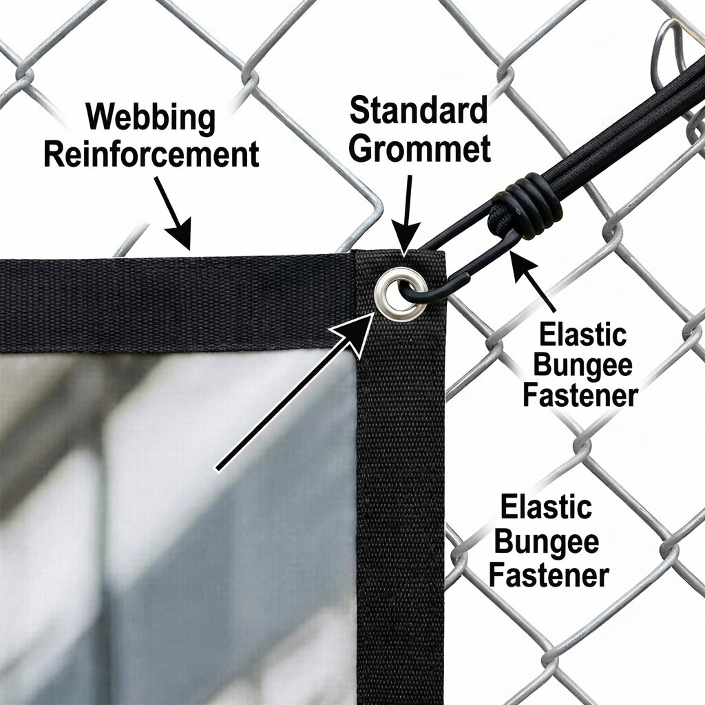 Image highlighting reinforced hems, grommets, and elastic bungee fasteners for high-wind installations.