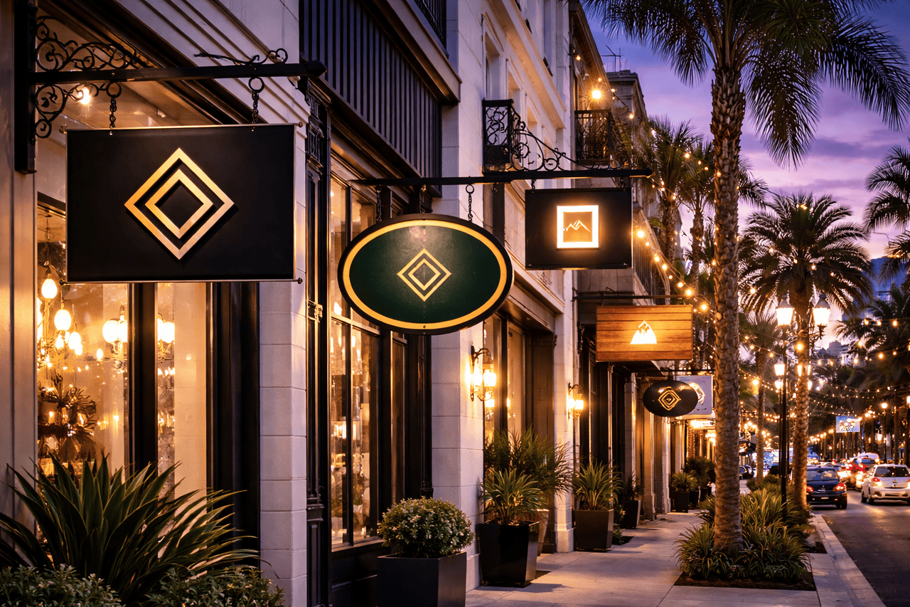 Upscale shops with geometric hanging signs line a palm-tree-filled street at dusk in Los Angeles. Warm lights glow from shop windows and string lights above, creating a welcoming atmosphere under a purple sky.