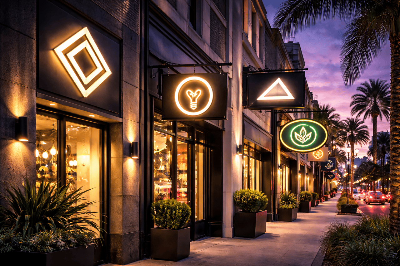 A stylish Los Angeles city street at sunset features shops with illuminated signs and glowing nature-inspired neon above their entrances. Palm trees and potted plants line the sidewalk, with cars and streetlights under a vibrant purple sky.