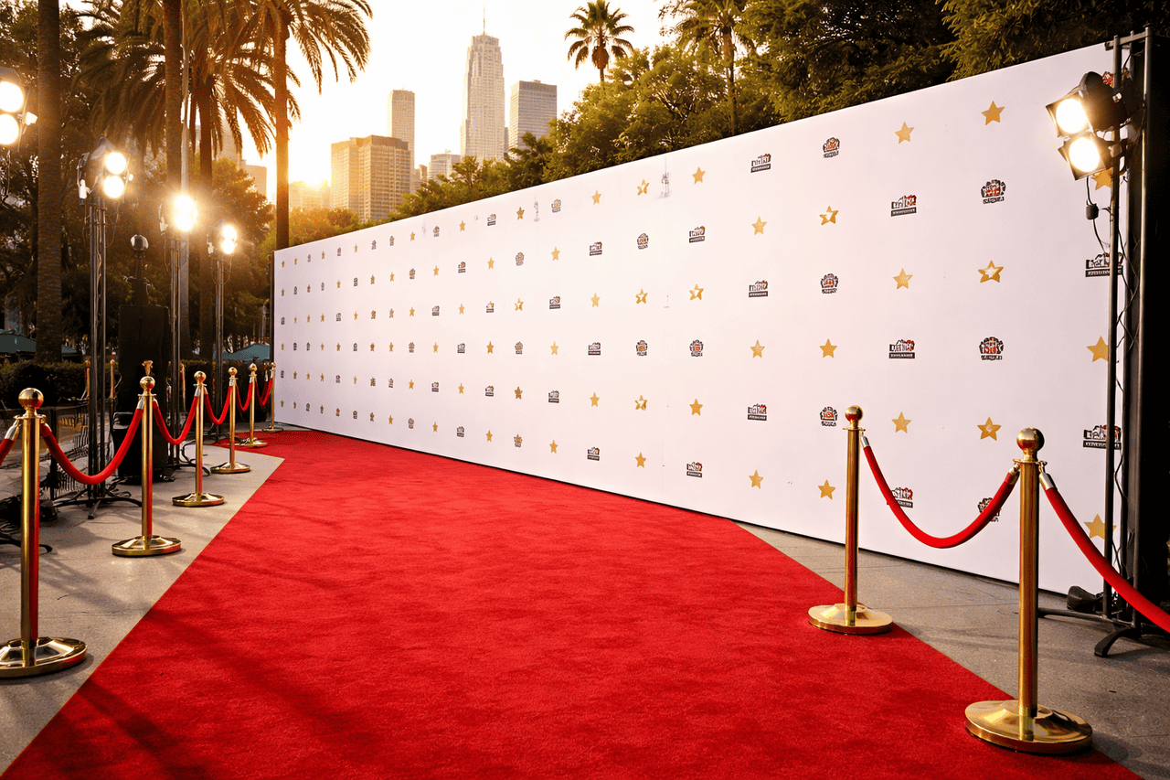 A red carpet leads to a Step and Repeat Banner with gold stars and event logos, bordered by gold stanchions with red ropes. Tall palms, Los Angeles skyscrapers, and bright stage lights create a glamorous event scene.