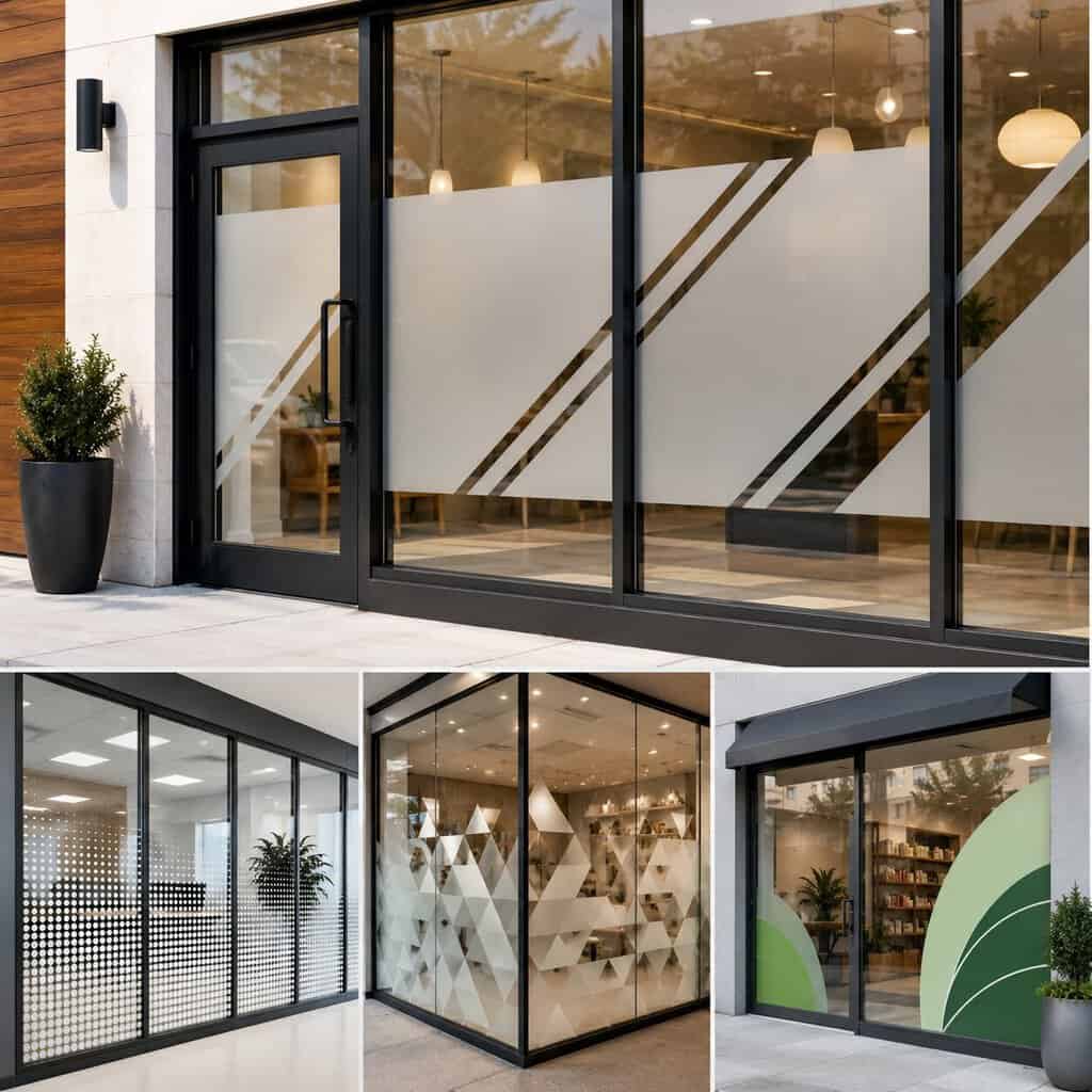 A collage of glass storefronts with modern frosted glass designs—ideal for business window graphics or storefront ideas. Geometric stripes, circles, and leaf-like shapes reveal indoor lighting and minimalist décor. Potted plants grace the entrance.