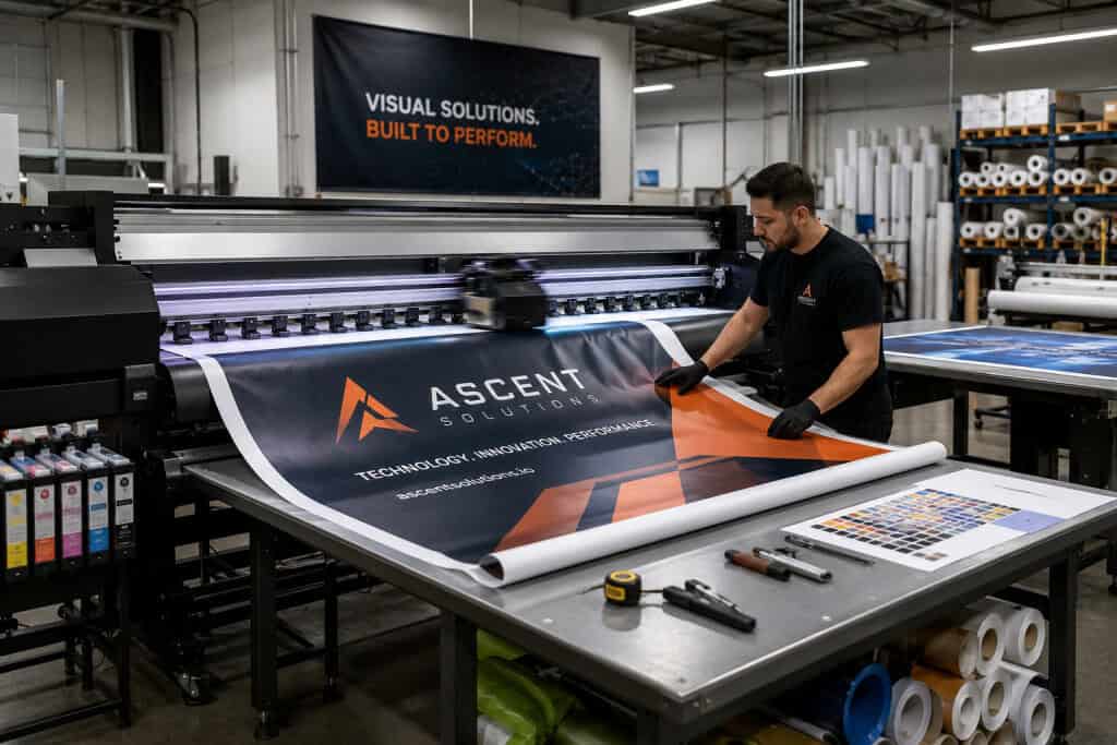 Wide-format printer producing a custom commercial banner