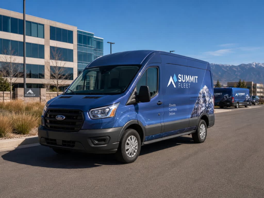 Wrapped commercial fleet vans at a Denver office campus