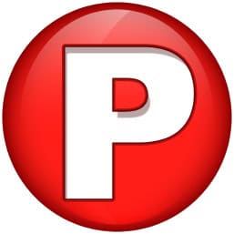 A bold, white capital letter "P" is centered on a glossy, red circular button with shading and highlights, giving it a three-dimensional appearance.