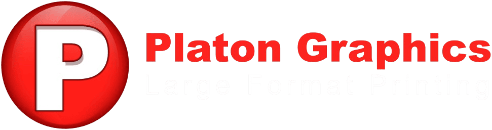 A large red circle with a bold white letter "P" on the left. To the right, "Platon Graphics" is written in bold red text. Below this, faded white text reads "Large Format Printing" on a light gray background.