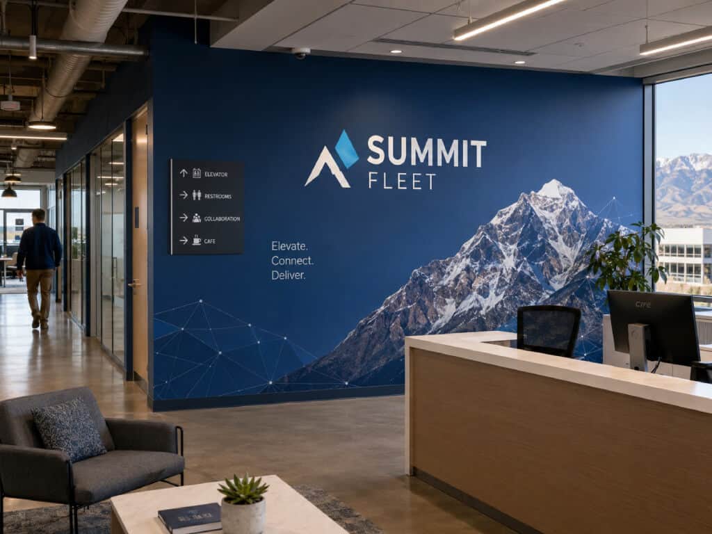 Branded wall mural and wayfinding in a Denver office