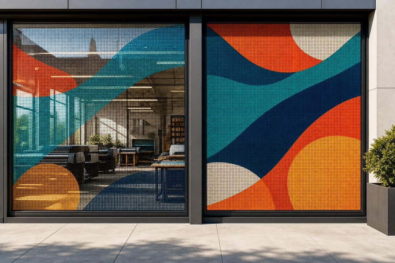 Large windows with a colorful, abstract mural of orange, blue, teal, and yellow shapes partly cover an office interior. Desks and chairs are visible inside. The exterior has light stone tiles and a planter with green foliage on the right. Large windows with a colorful, abstract mural of orange, blue, teal, and yellow shapes partly cover an office interior. Desks and chairs are visible inside. The exterior has light stone tiles and a planter with green foliage on the right.