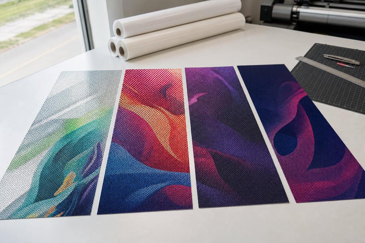 Four perforated film samples showing progressively denser print coverage.