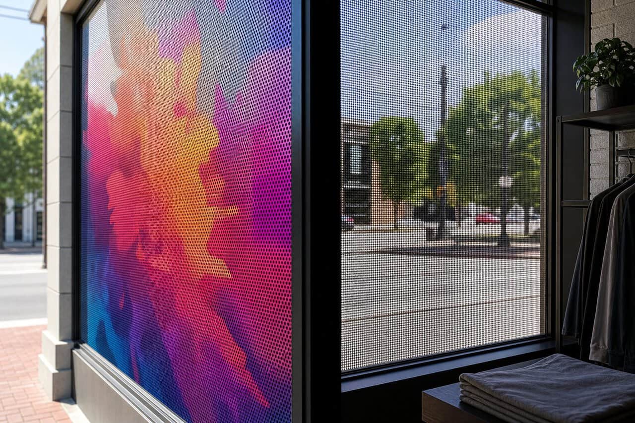 Exterior graphic and interior view through one-way perforated window film.