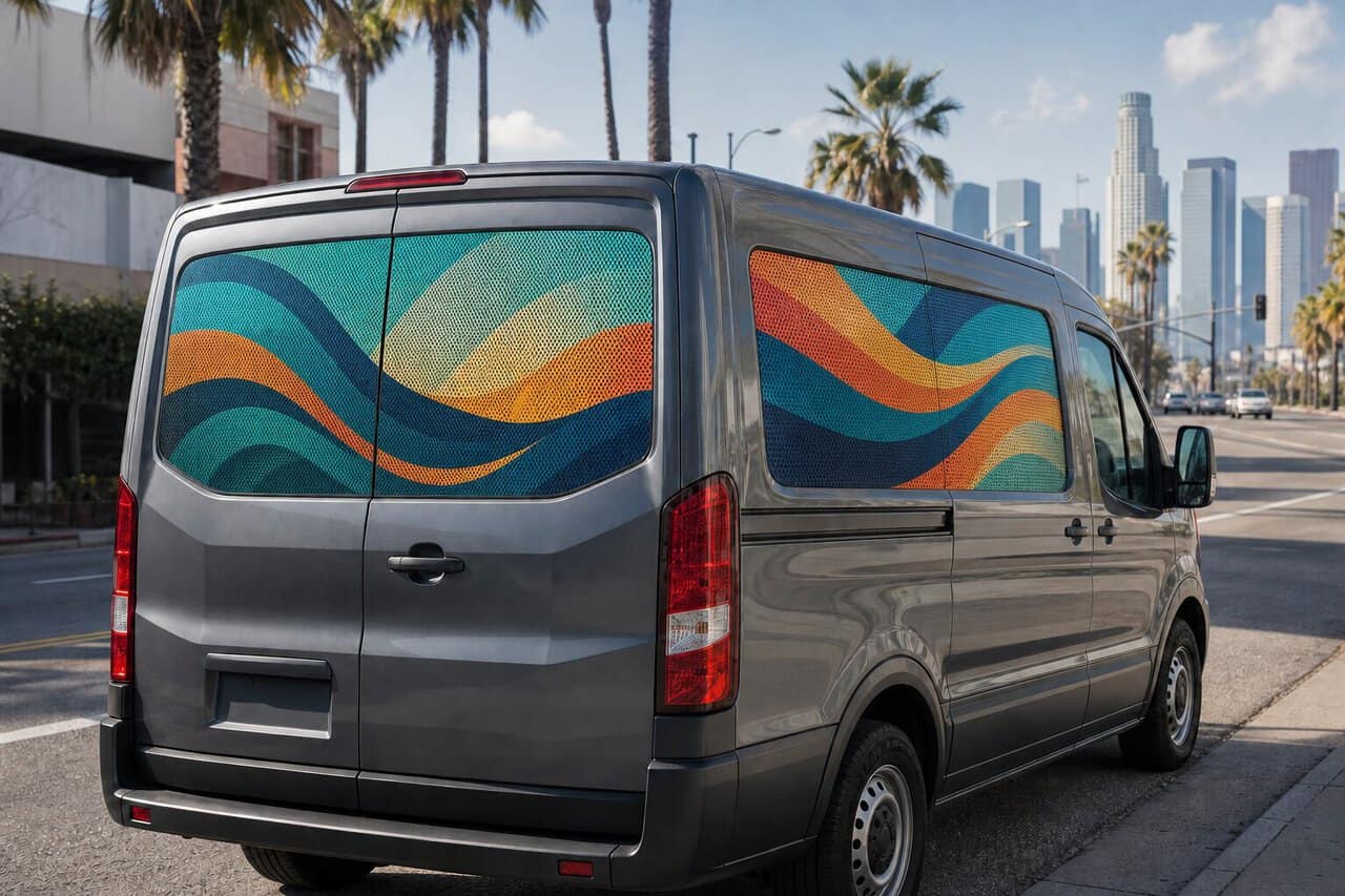 Perforated film on a commercial van's rear and side windows in Los Angeles.